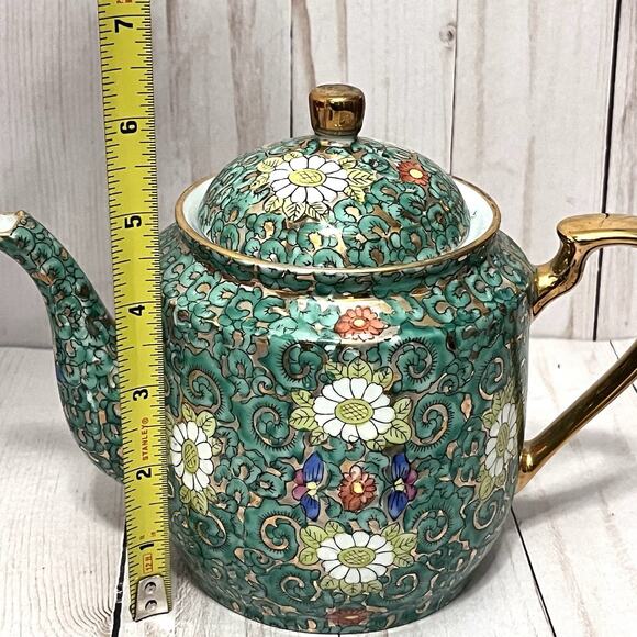 Vintage A.C.F. Mid Century Japanese Porcelain Tea Set Green Floral Gold Enamel - Picture 12 of 16